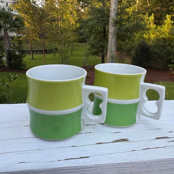 Vintage 1970's Block Chromatics Germany Green Pattern Set of Two Mugs - Picture 1 of 8
